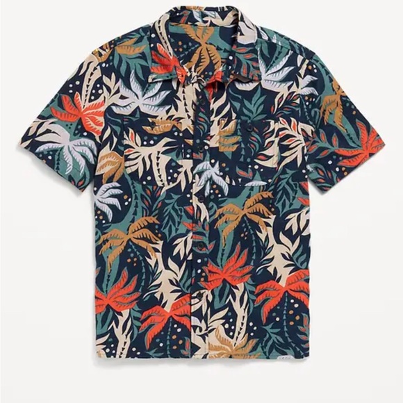 Old Navy Button tropical linen blend Hawaiian print Short Sleeve shirt XL 14-16 - Picture 1 of 8